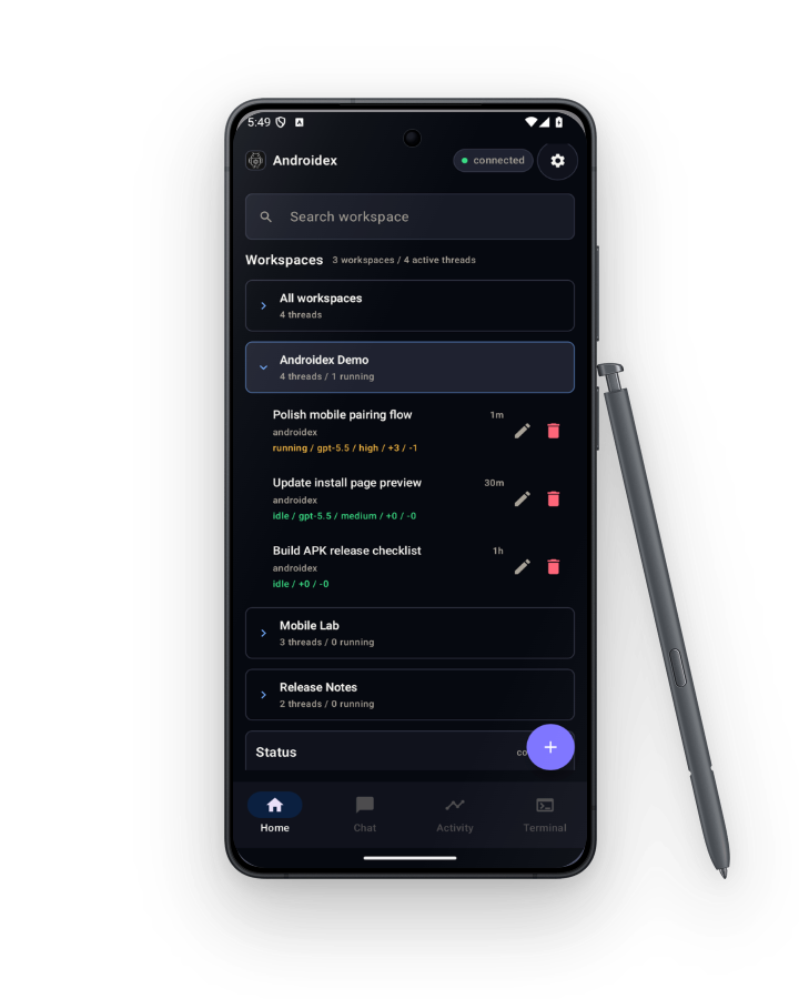 Droidex app running on a Samsung Galaxy S26 Ultra, showing live workspace and threads.