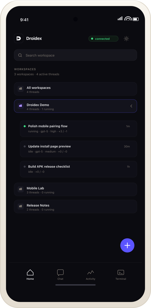 Droidex app running on Android, showing live workspaces and threads.